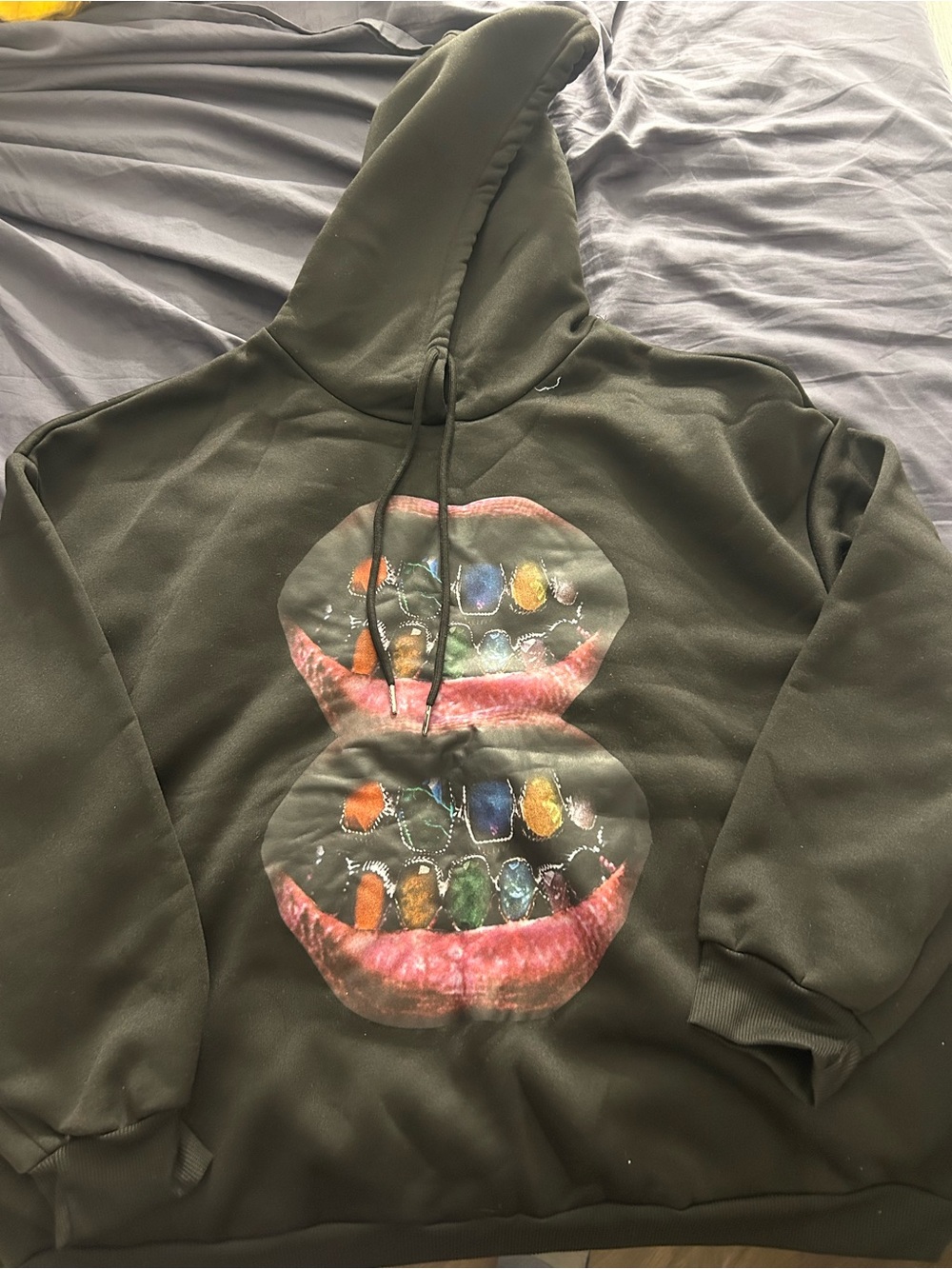 SHEIN Olive Green Graphic Hoodie with Colorful Grin Print